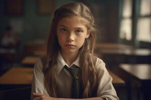 niña a escritorio en aula. educación en elemental escuela. generativo ai foto