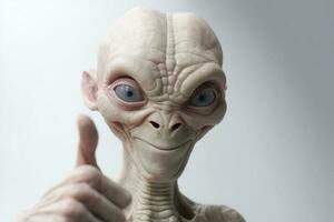 extraterrestre humanoide muestra pulgar arriba gesto en blanco antecedentes. generativo ai foto