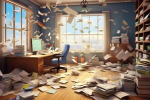 Documents flying over workplace. Clutter in office. Generative AI photo