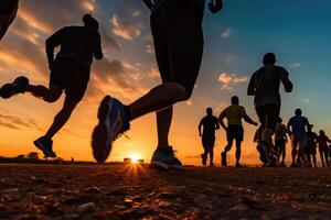 corredores siluetas formación a puesta de sol. deporte ocupaciones al aire libre. generativo ai foto