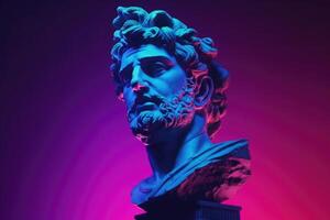 Gypsum antique statue with neon colored background. Generative AI photo