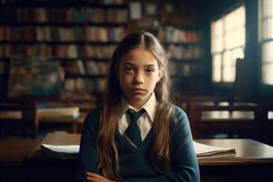 Girl at desk in classroom. Education in elementary school. Generative AI photo