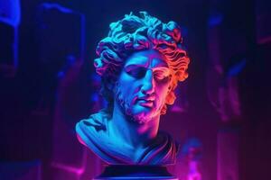 Gypsum antique statue with neon colored background. Generative AI photo