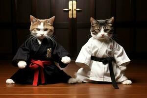 Two cats wearing kimono for martial arts at training. Generative AI photo