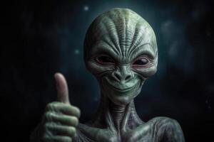 Alien humanoid shows thumb up gesture on dark background. photo