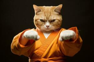 Cat wearing kimono for martial arts. Generative AI photo