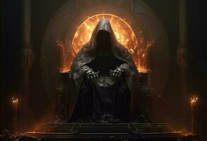 hombre en capucha sentado en real trono en oscuro castillo salón. generativo ai foto