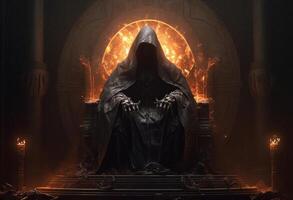 Man in hood sitting on royal throne in dark castle hall. photo