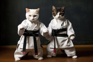 Two cats wearing kimono for martial arts at training. Generative AI photo