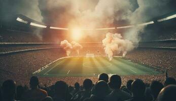 Football stadium with lit lights, flares and smoke bombs. Generative AI photo