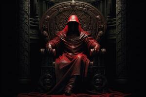 Man in hood sitting on royal throne in dark castle hall. photo