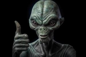 Alien humanoid shows thumb up gesture on dark background. photo