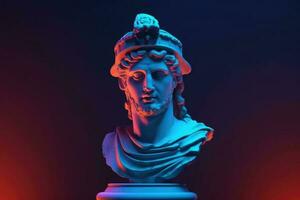 Gypsum antique statue with neon colored background. Generative AI photo