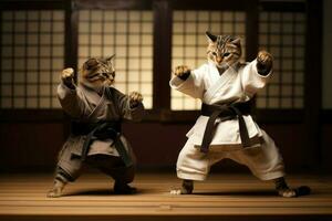 Two cats wearing kimono for martial arts at training. Generative AI photo