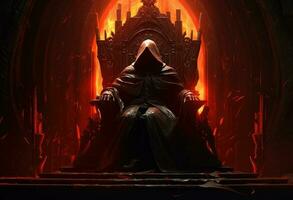 hombre en capucha sentado en real trono en oscuro castillo salón. generativo ai foto