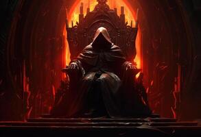 Man in hood sitting on royal throne in dark castle hall. photo