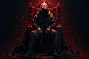 Man in hood sitting on royal throne in dark castle hall. photo