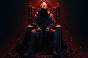 Man in hood sitting on royal throne in dark castle hall. Generative AI photo