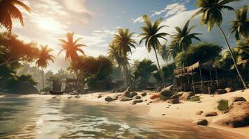 Sea beach landscape with tropical palms. Generative AI photo