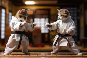 Two cats wearing kimono for martial arts at training. Generative AI photo