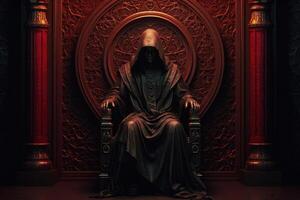 Man in hood sitting on royal throne in dark castle hall. photo