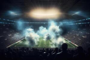 Football stadium with lit lights, flares and smoke bombs. Generative AI photo