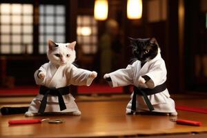 Two cats wearing kimono for martial arts at training. Generative AI photo