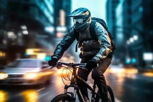 Male biker driving cycle at city street. Generative AI photo