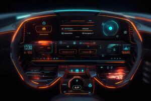 Futuristic autonomous vehicle cockpit. Car digital dashboard. Generative AI photo