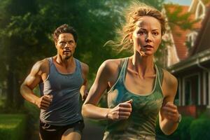 Couple running together. Male and female athlete jogging. Generative AI photo