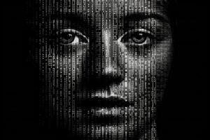 Face against digital signs. Artificial intelligence concept. photo