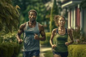 Pareja corriendo juntos. masculino y hembra atleta correr. generativo ai foto