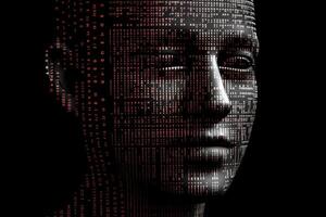 Face against digital signs. Artificial intelligence concept. photo
