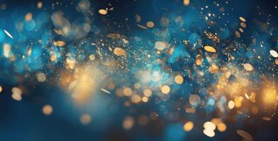 Festive golden glitter and sparkles on dark background. photo