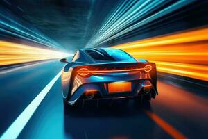 Futuristic sport car at road with motion blur light effect. Generative AI photo
