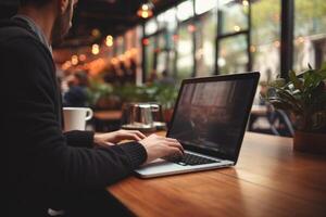 Man working in cafe, using laptop. Typing on keyboard. Generative AI photo