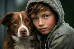 Boy and dog portrait. Pet care. People emotions. Generative AI photo