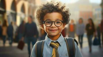 Boy go to school. Schoolboy portrait at street. Generative AI photo