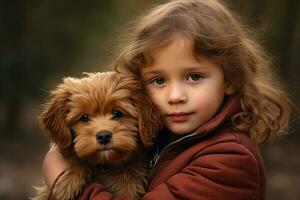 niña y perro retrato. mascota cuidado. personas emociones generativo ai foto