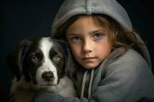 Girl and dog portrait. Pet care. People emotions. Generative AI photo