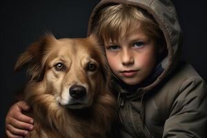 Boy and dog portrait. Pet care. People emotions. Generative AI photo