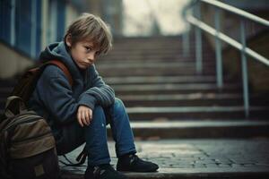 School boy sitting alone at stairs. Victim of school bullying. Generative AI photo