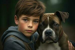 chico y perro retrato. mascota cuidado. personas emociones generativo ai foto
