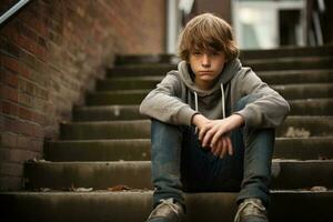 School boy sitting alone at stairs. Victim of school bullying. Generative AI photo