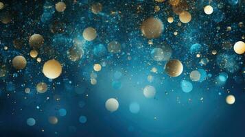 Festive golden glitter and sparkles on dark background. Generative AI photo