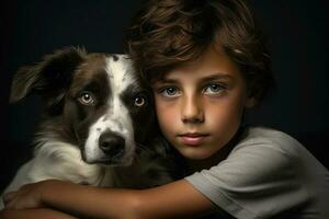 Boy and dog portrait. Pet care. People emotions. Generative AI photo