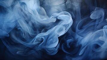 Smoke swirling effect. Ink drop in water on dark blue background. Generative AI photo