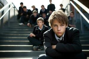 colegio chico sentado solo a escaleras. víctima de colegio acoso. generativo ai foto