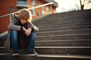 School boy sitting alone at stairs. Victim of school bullying. Generative AI photo