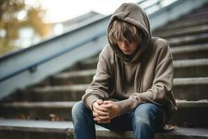 School boy sitting alone at stairs. Victim of school bullying. Generative AI photo